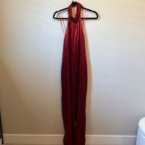 NWT Carolina Ritzler Satin Ruby Red Halter Jumpsuit Size 36